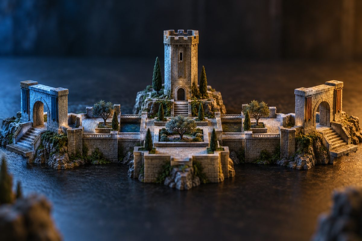 A realistic tabletop model shows a central tower and two opposing stone gateways, lit in blue and amber.