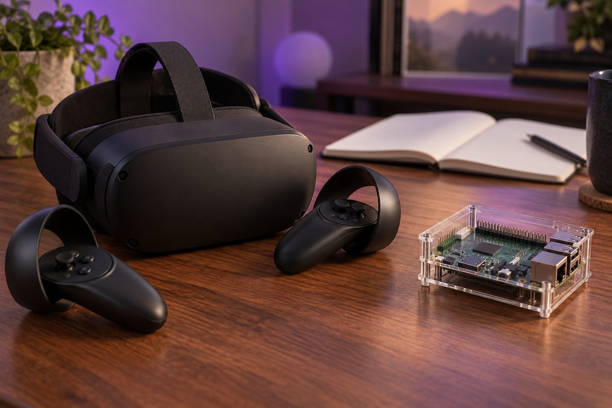 An unbranded headset and controllers sit beside a small computer in a clear case.