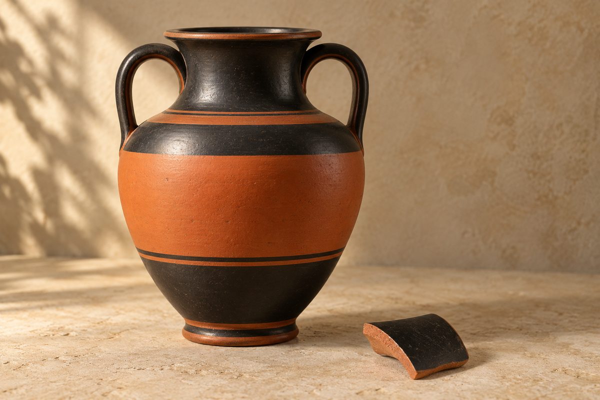 A clay-red two-handled jar with glossy black bands stands beside a curved ceramic fragment showing a red cross-section.