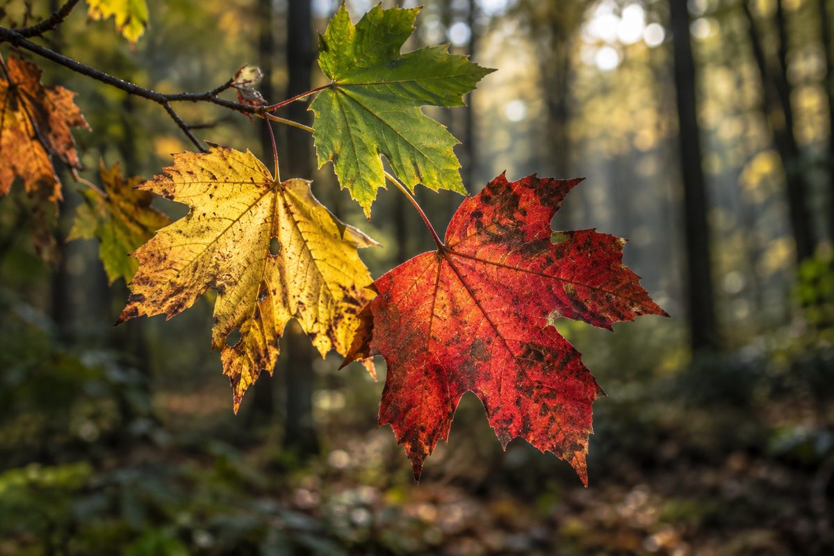 Green, yellow and crimson maple-shaped leaves in soft woodland light.