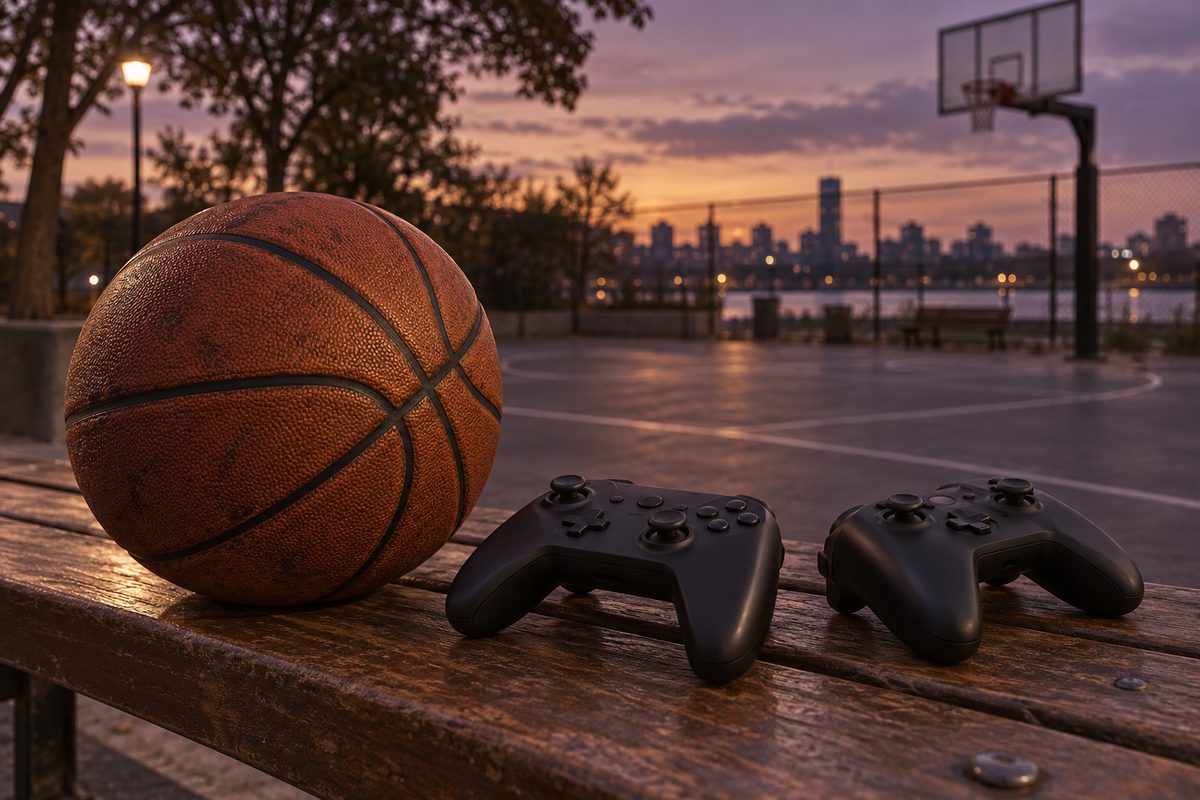 Unbranded basketball beside two plain controllers on a wooden surface overlooking an empty court.