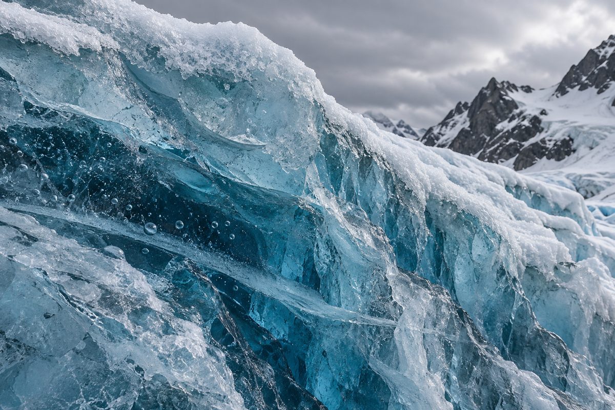 Dense blue ice with visible small bubbles sits beneath a white snowy surface in a rocky mountain scene.