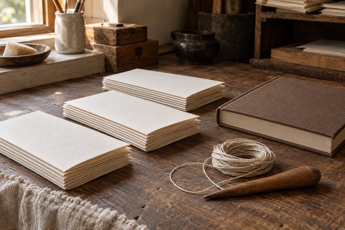 Several folded paper gatherings sit beside a plain bound volume and a loose length of linen thread.
