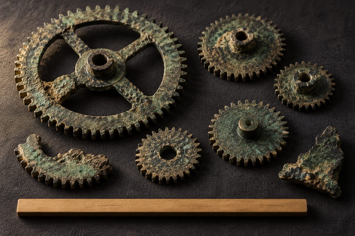 Separate corroded bronze gears lie on a cloth beside an unmarked wooden tool.