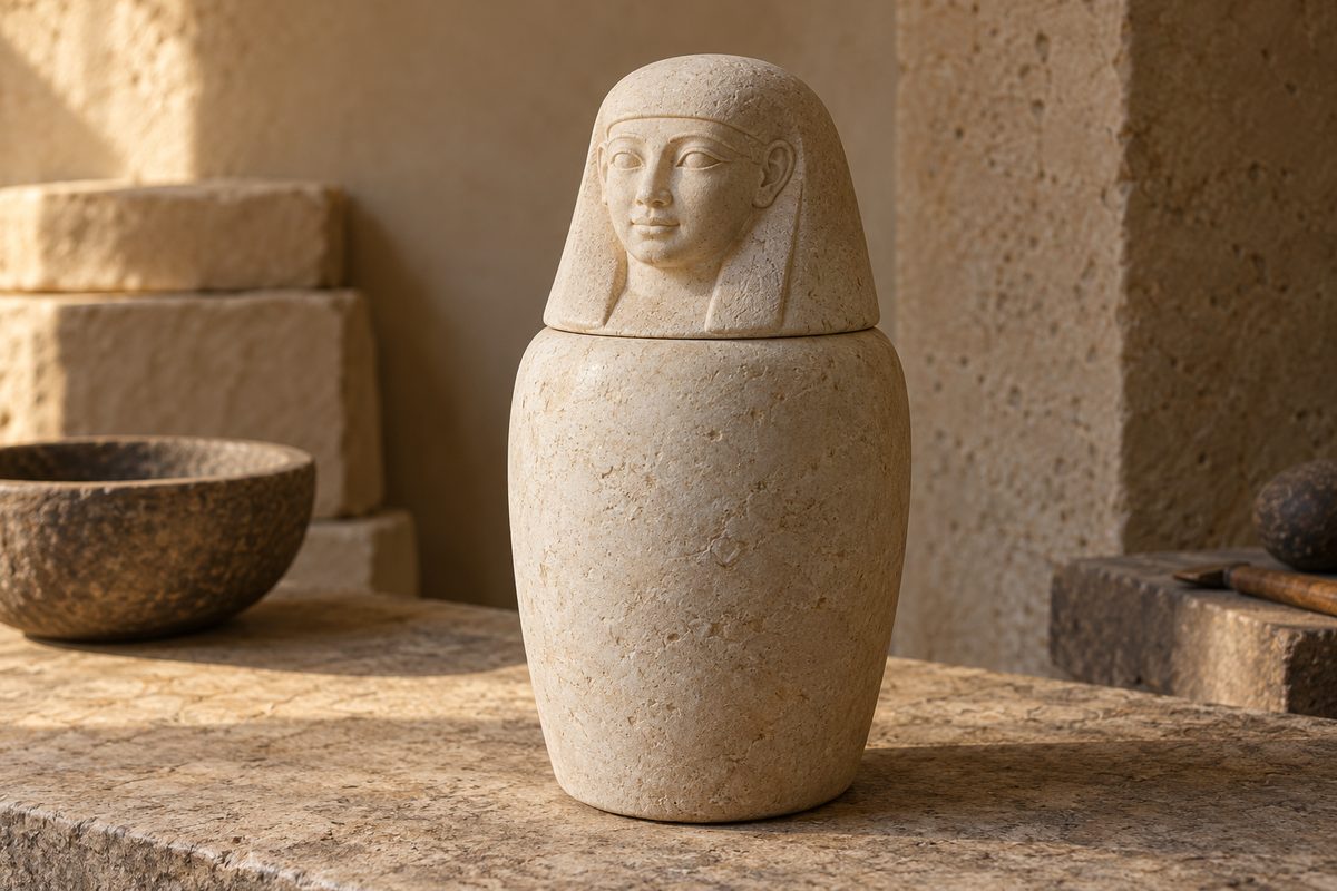 Unnamed limestone canopic-vessel reconstruction with a human-headed lid.