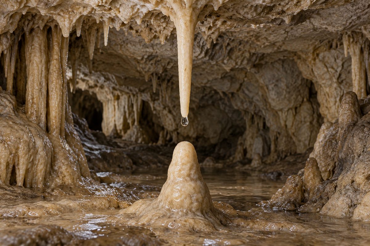 Imagined cave with a pointed ceiling stalactite, a drop, and a rounded floor stalagmite separated by a gap.