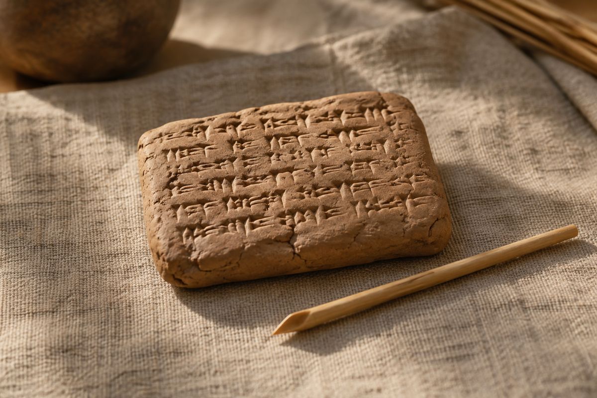 A clay-tablet reconstruction with wedge-shaped marks beside a reed stylus.