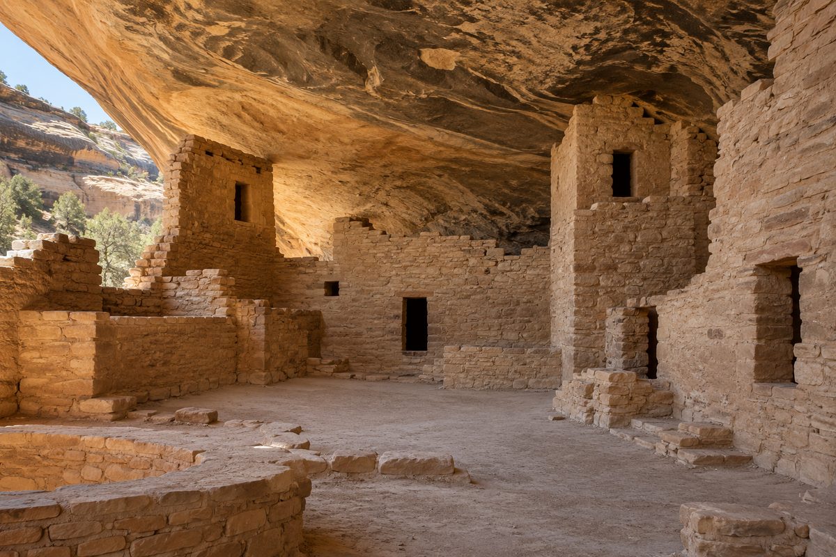 Imagined sandstone masonry rooms and a small courtyard beneath a broad rock overhang.