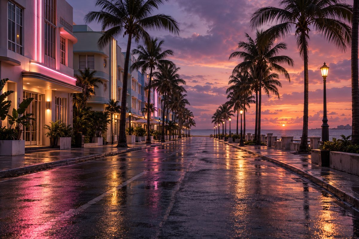 An empty palm-lined coastal boulevard at dusk, with warm pink and violet light reflected on the road.