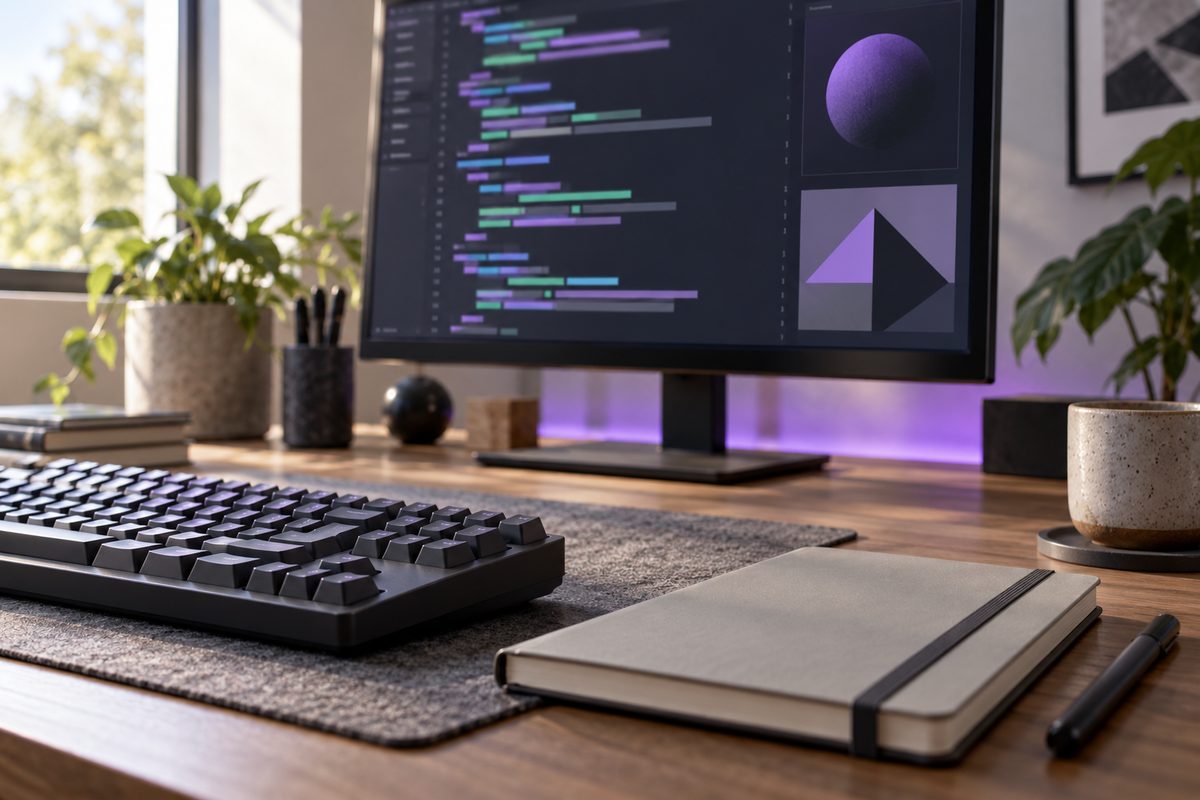 An unbranded keyboard and notebook sit before a monitor with abstract colored code-like blocks.