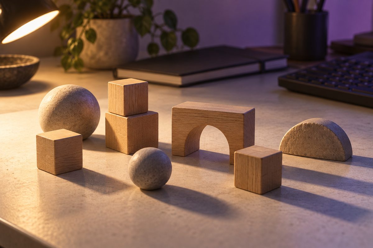 Small wooden blocks and rounded forms cast shadows on a tabletop under a desk lamp.