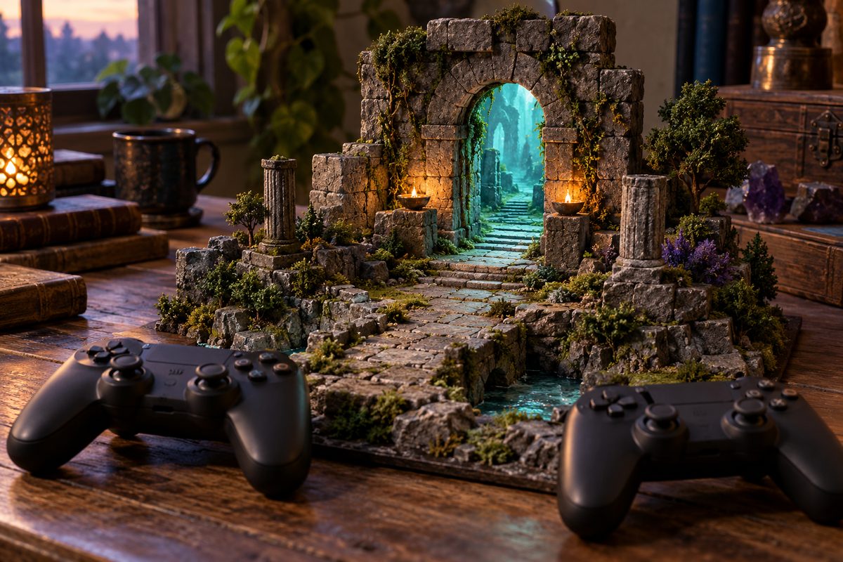 Two unbranded controllers rest beside an original miniature stone doorway lit in turquoise.