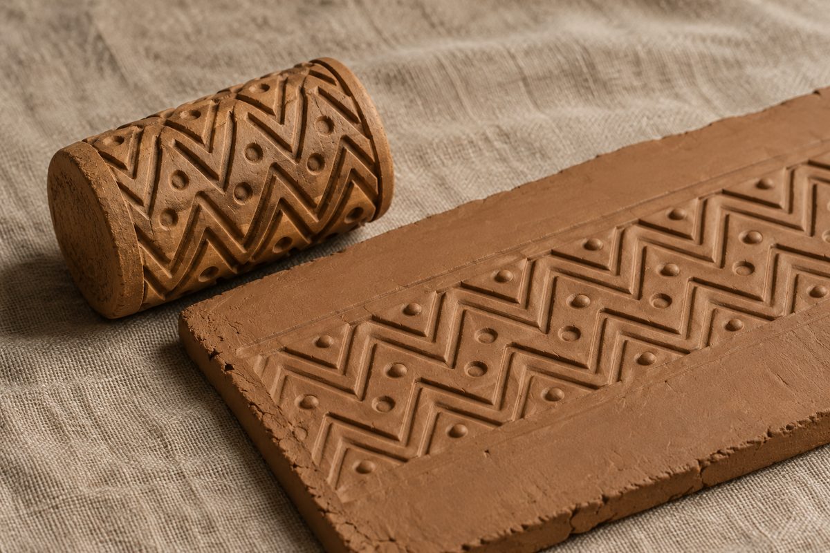 A small clay cylinder and a flat clay slab carry an invented geometric pattern.