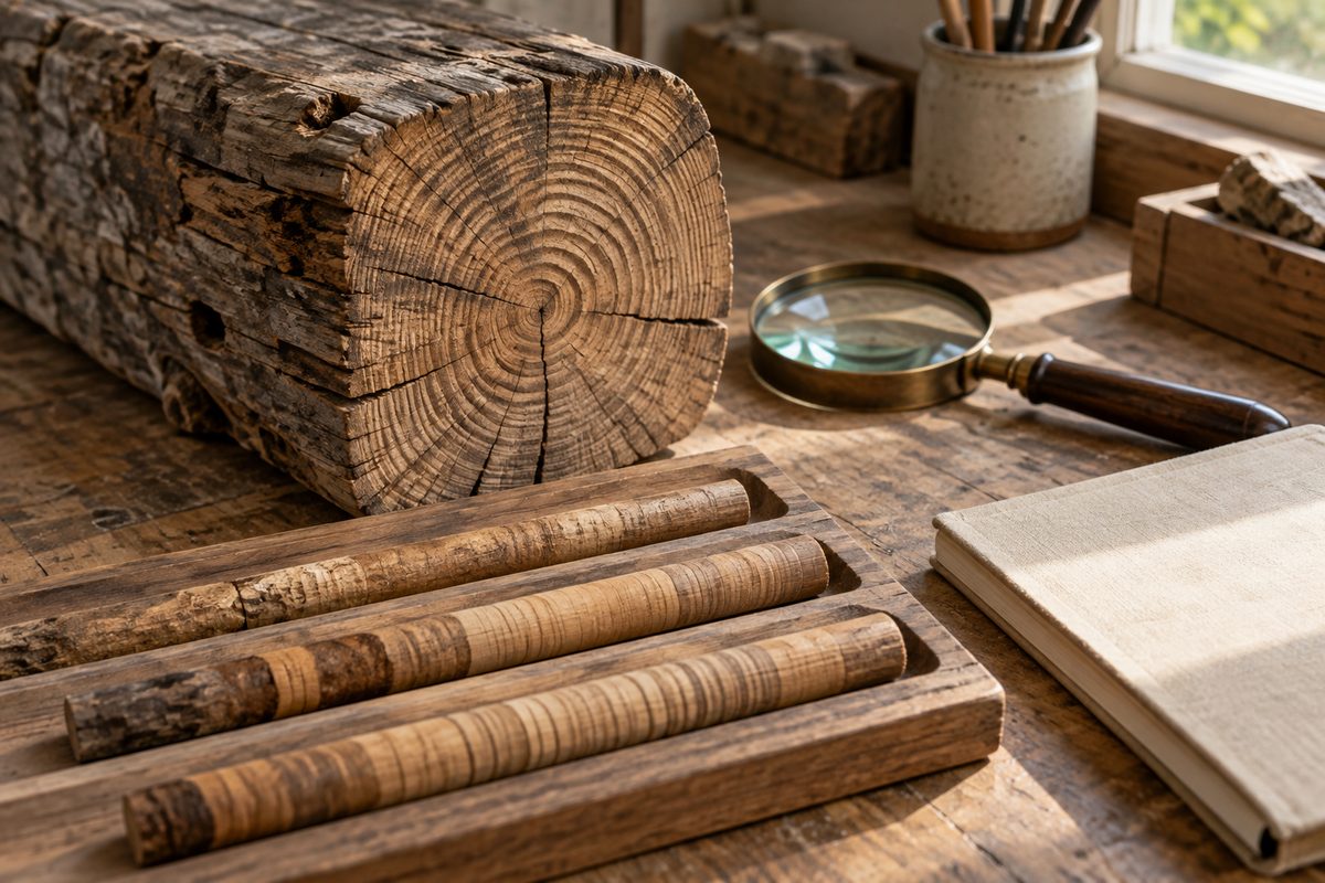 A timber cross-section and wood samples rest beside a magnifying glass on a workbench.