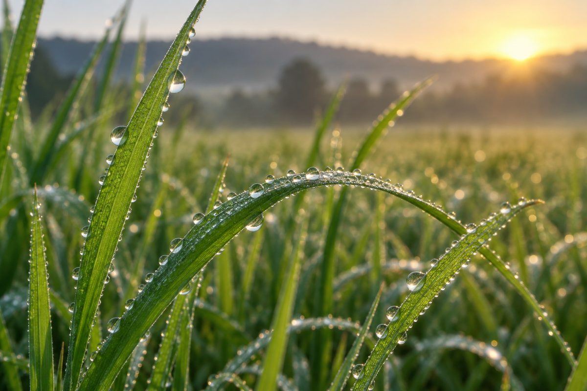 Small clear water droplets cling to green grass blades in soft early morning light.