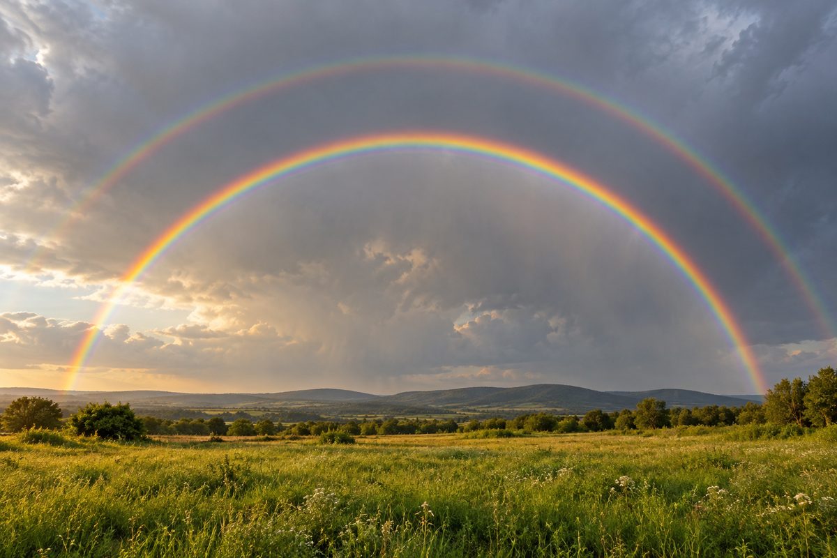 A bright rainbow and a fainter outer rainbow arc over a sunlit meadow beneath rain clouds.