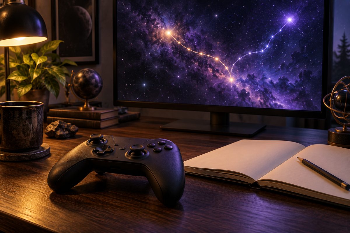 An unbranded controller and blank notebook sit before an abstract star field with branching routes.