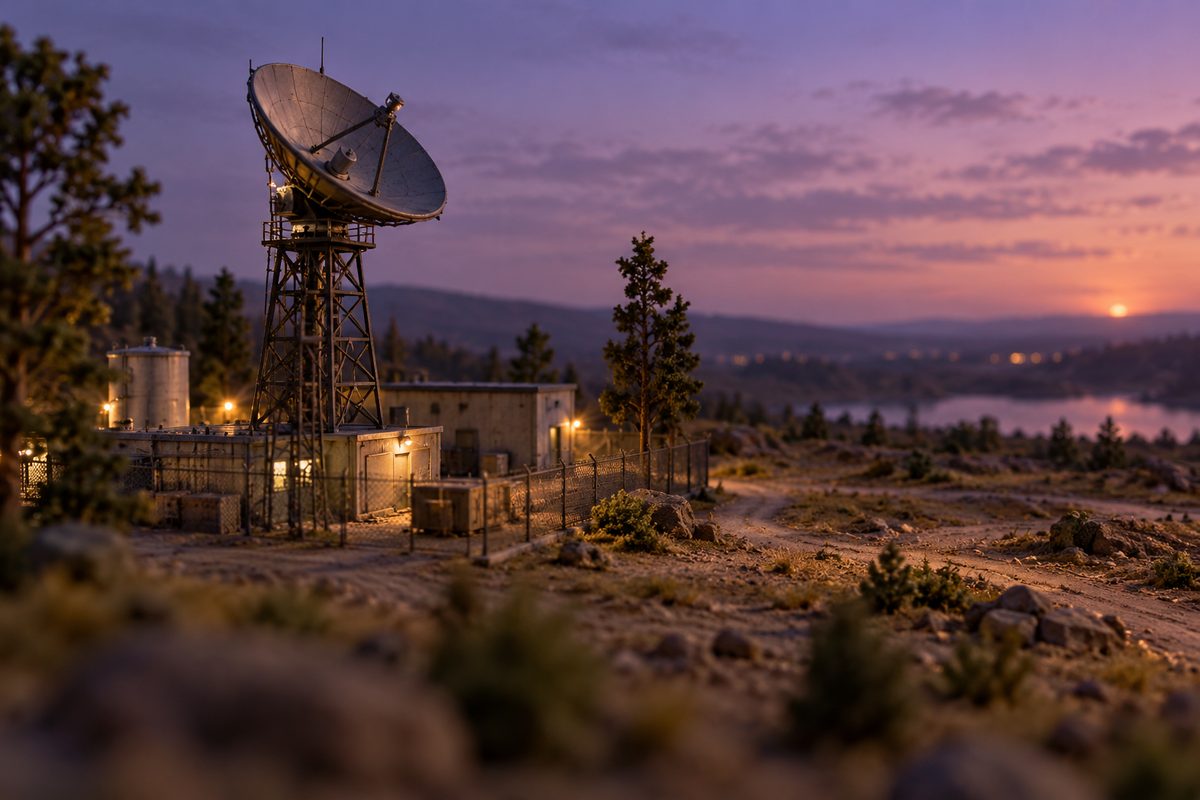 A small unbranded radar dish stands beside an industrial compound in an original miniature landscape.