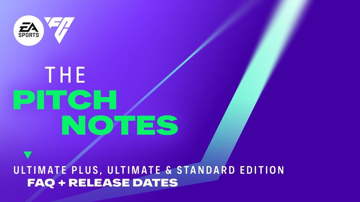 Official EA SPORTS FC 27 Pitch Notes artwork with purple background and an editions FAQ and release-dates label.