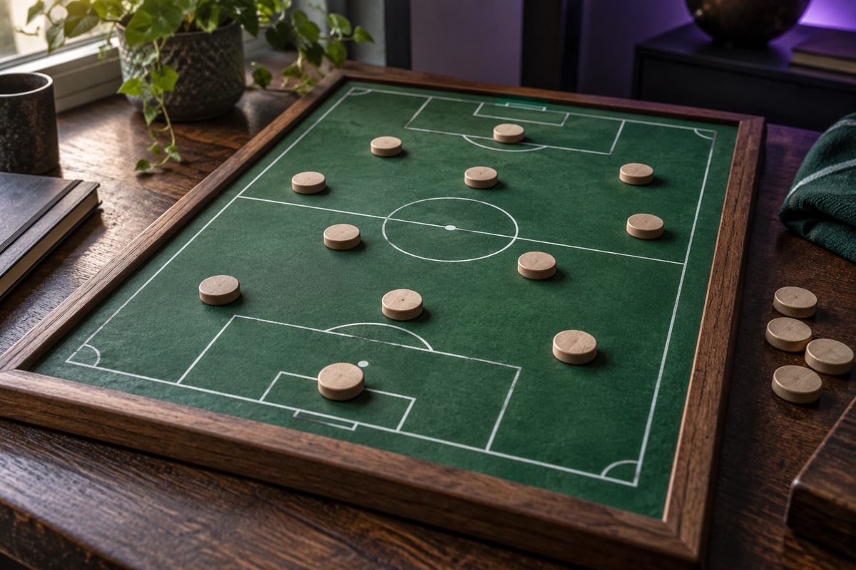 Plain wooden player tokens sit on a green football tactics board beside a blank bench area.