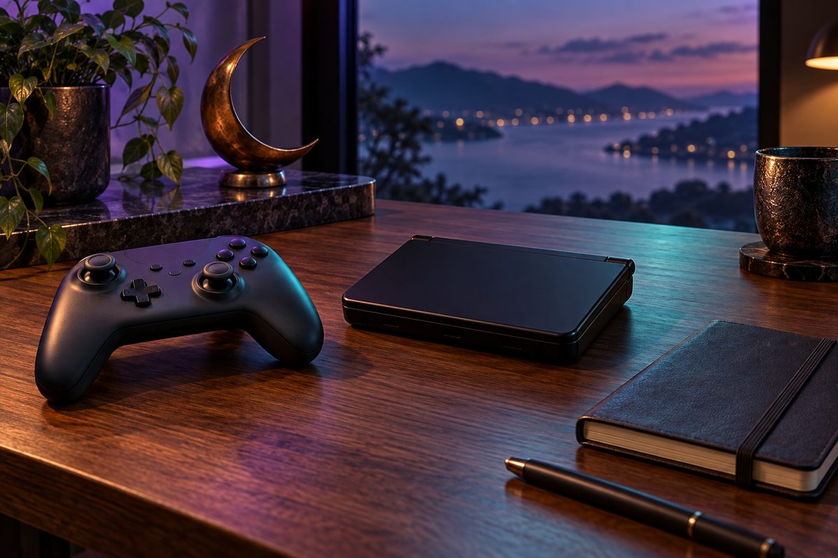An unbranded controller and closed portable device lie on a wooden desk lit in violet and teal.