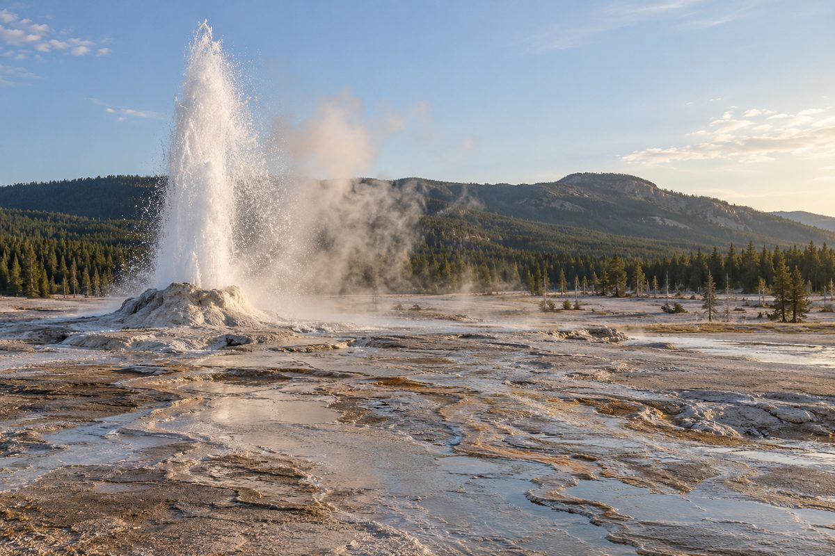 A conceptual geyser sends water and spray above pale mineral ground in an unnamed basin.