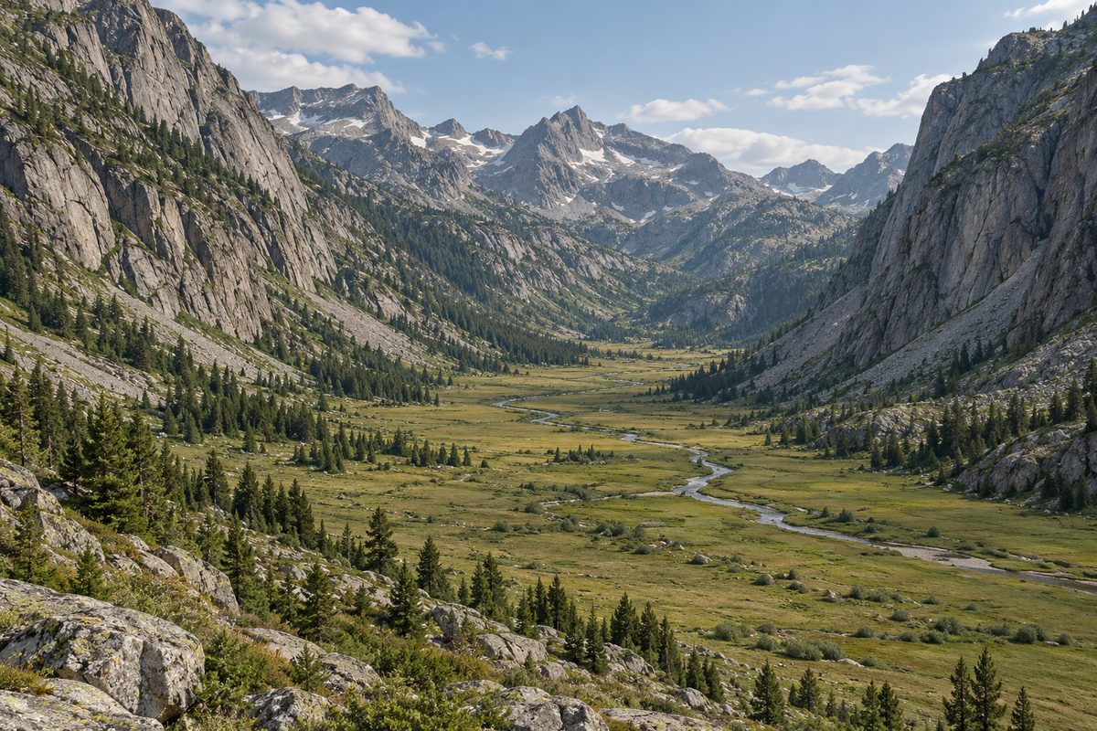 A narrow winding stream crosses a broad grassy mountain valley between steep rocky walls.