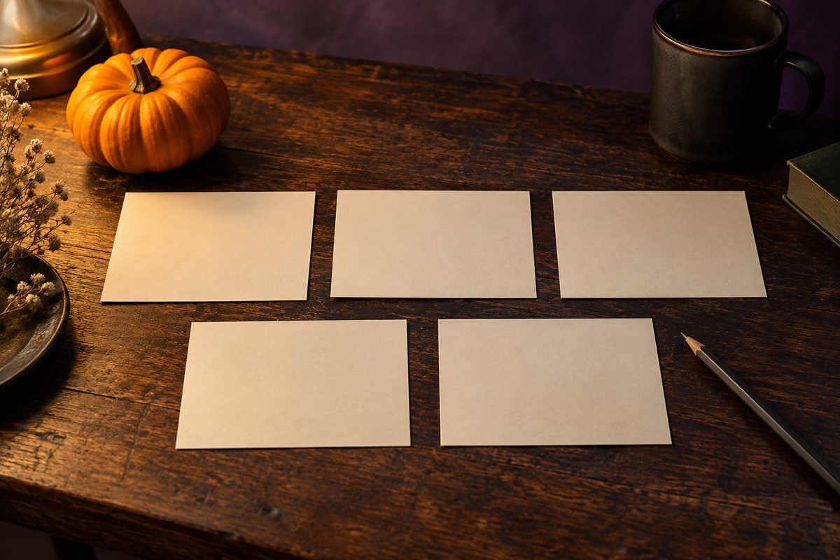 Five plain note cards and a small pumpkin sit on a dark wooden desk under warm light.