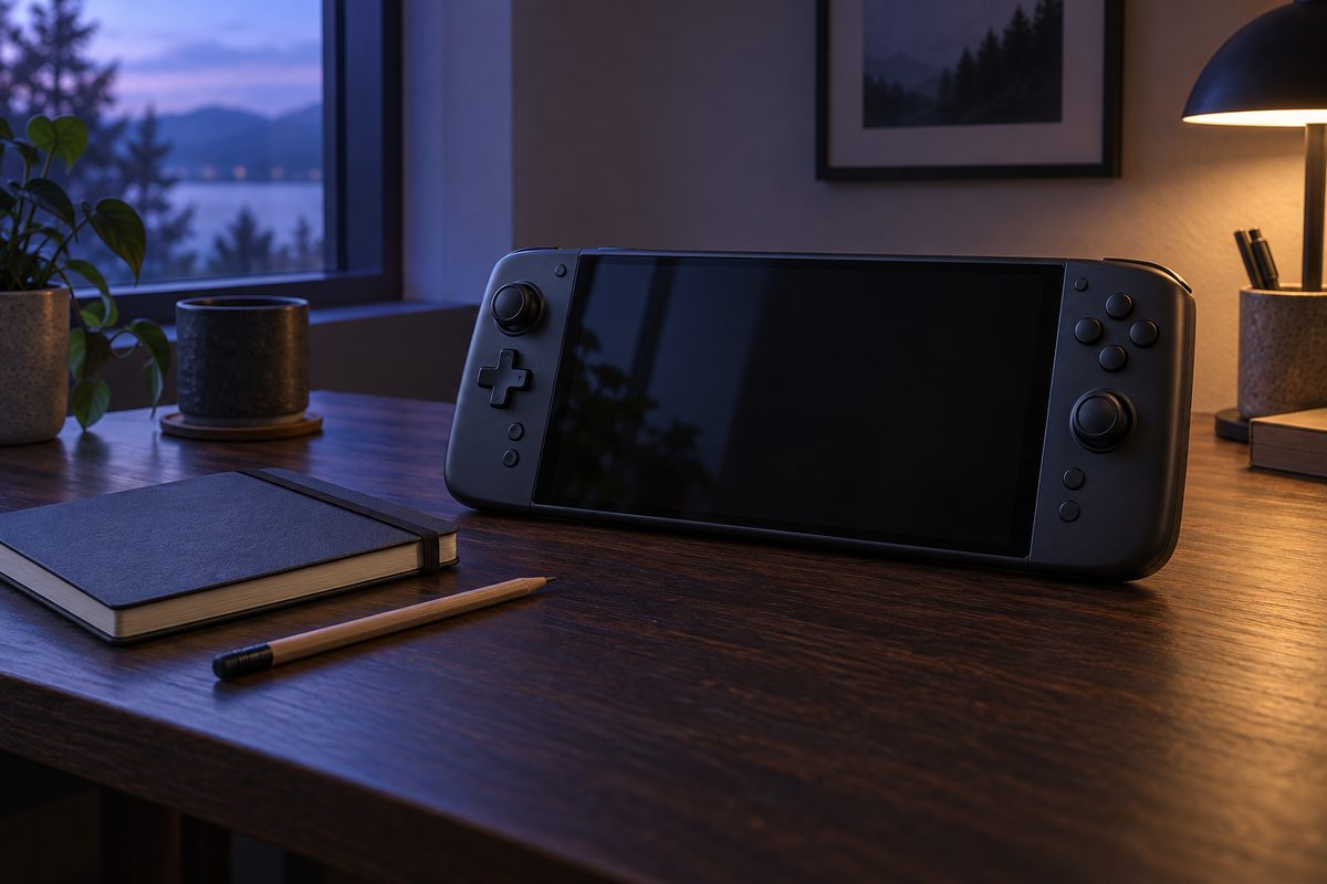 An unbranded handheld gaming computer with a dark screen rests beside a notebook and pencil.