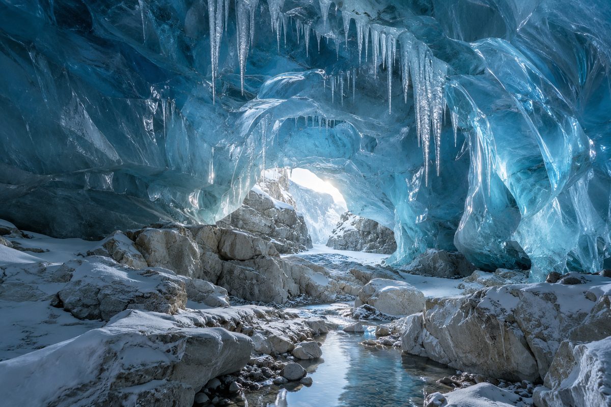 Daylight enters a blue ice cavern lined with natural icicles and pale rock.