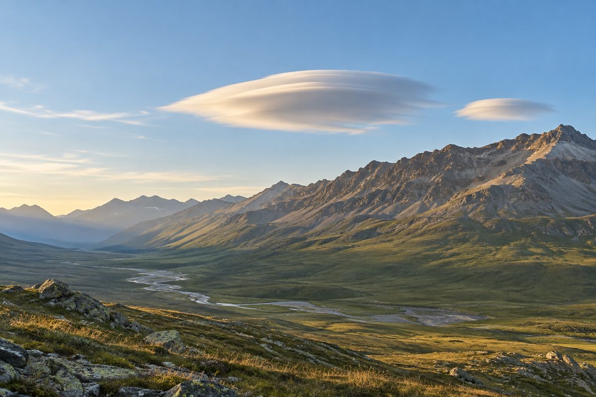 Two smooth lens-shaped clouds hang above a rocky ridge and green mountain valley.