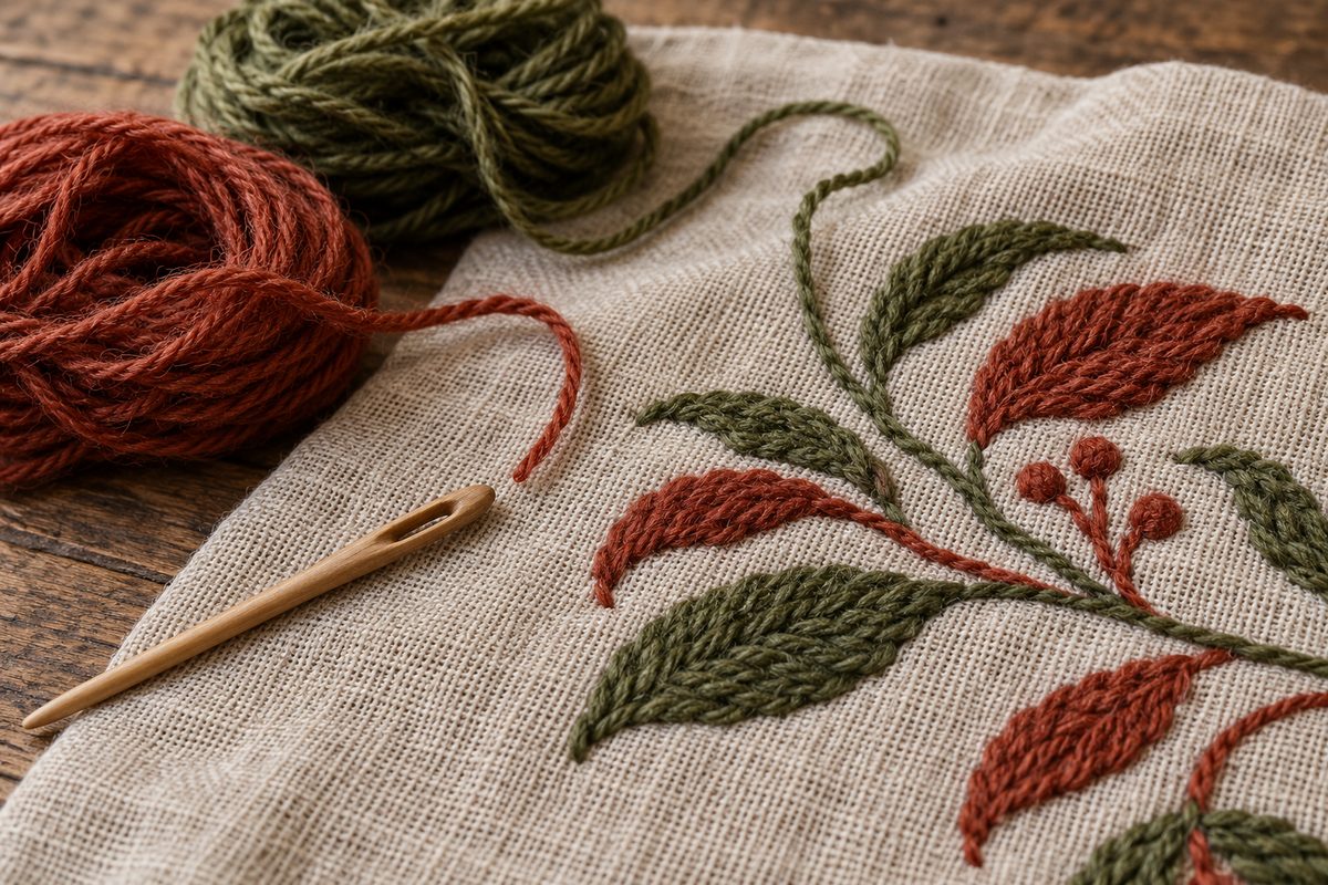 Rust-red and green wool stitches sit on pale woven linen beside loose yarn and a wooden needle.