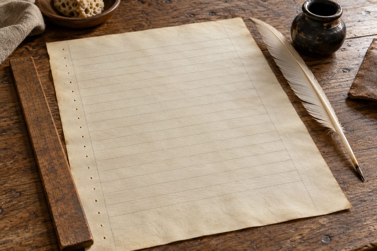 A ruled parchment sheet with small margin holes lies beside a wooden straightedge, quill and ink pot.