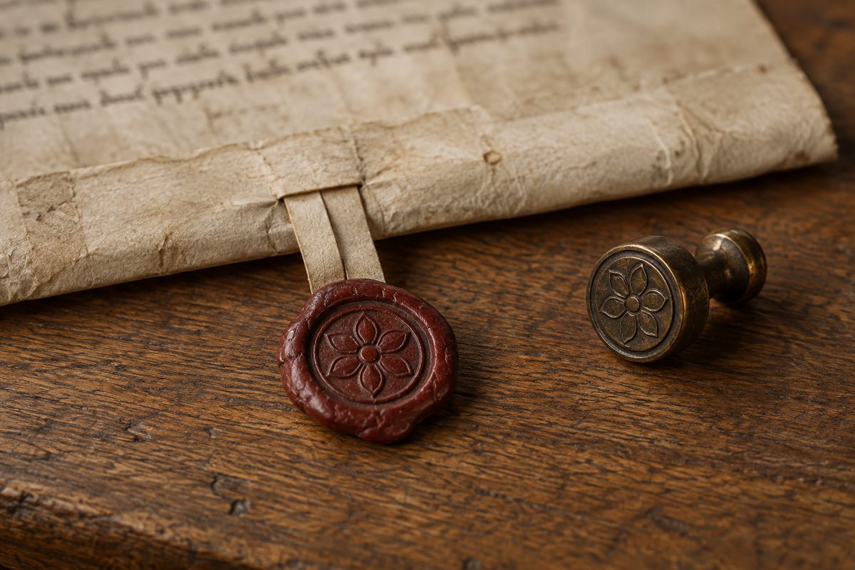 A fictional red wax seal hangs from parchment tags beside a bronze matrix on a wooden table.