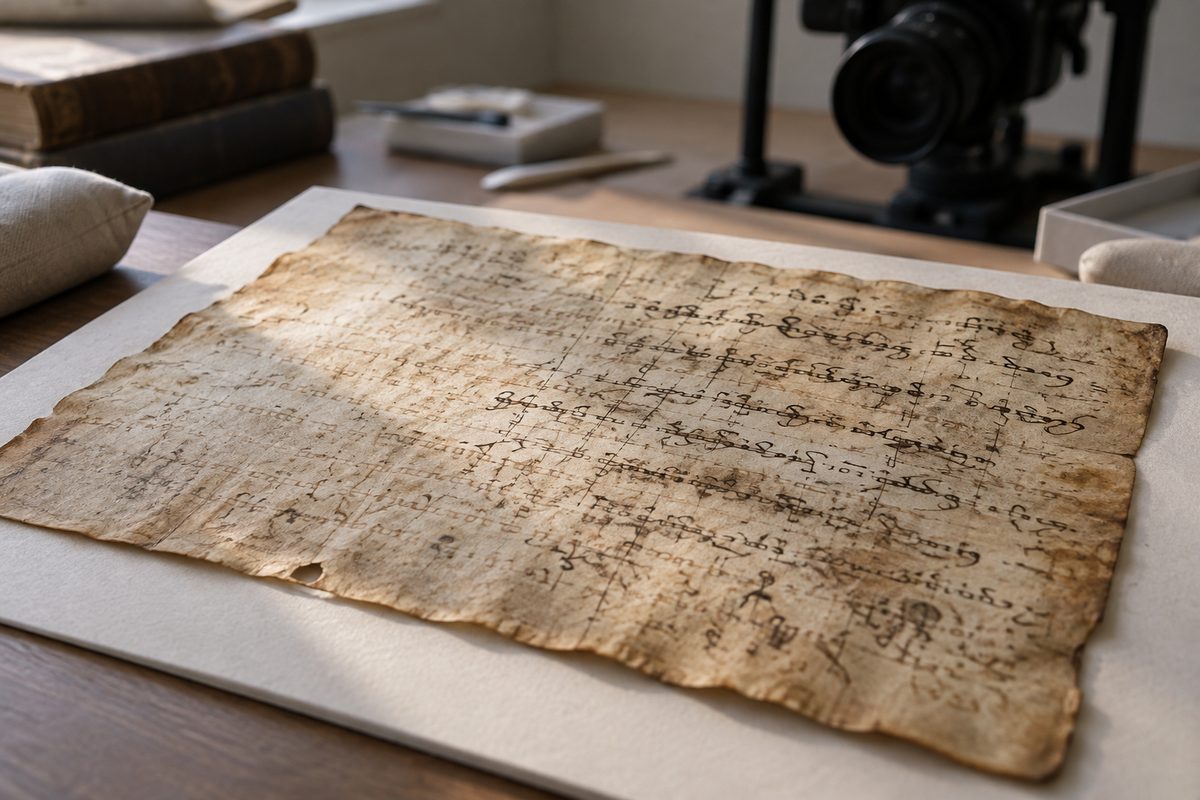 A parchment leaf with overlapping faint and dark ink marks beside imaging equipment.