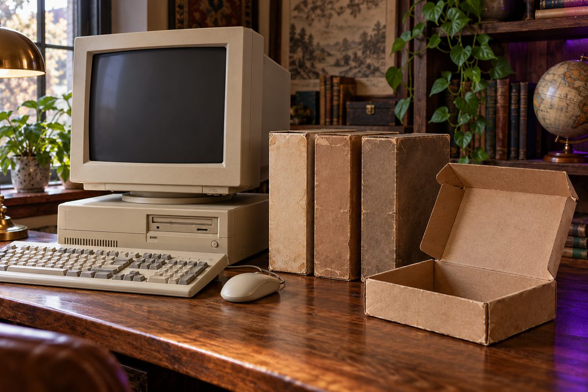 An unbranded beige computer sits beside blank cardboard boxes and an open folded box on a wooden desk.