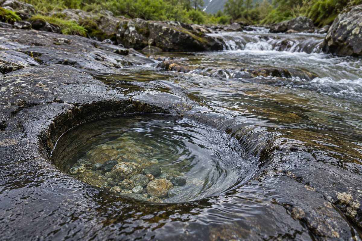 Clear swirling stream water carries small pebbles across a smooth round cavity in dark bedrock.