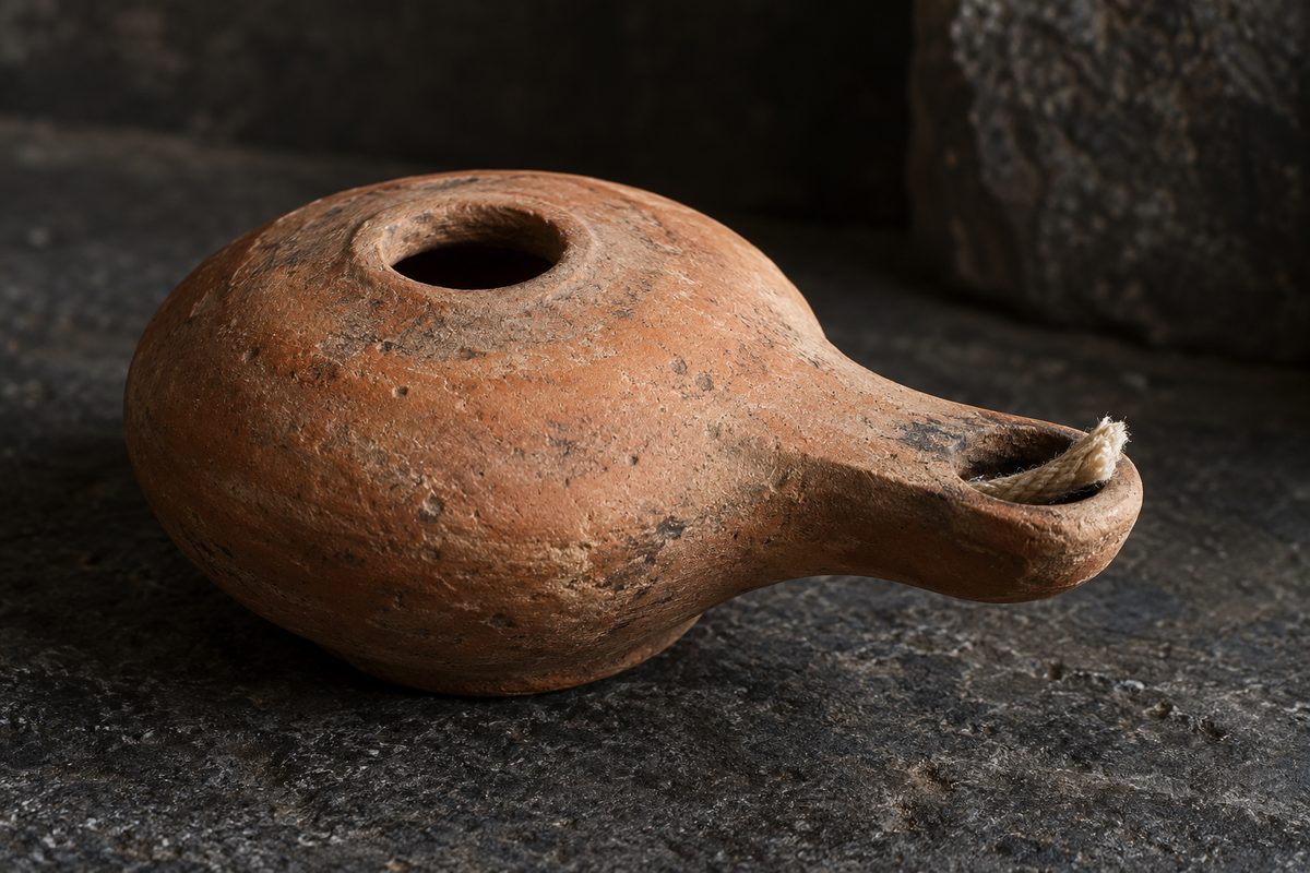 A plain terracotta oil lamp with a filling hole and a short wick at its nozzle on a dark stone surface.