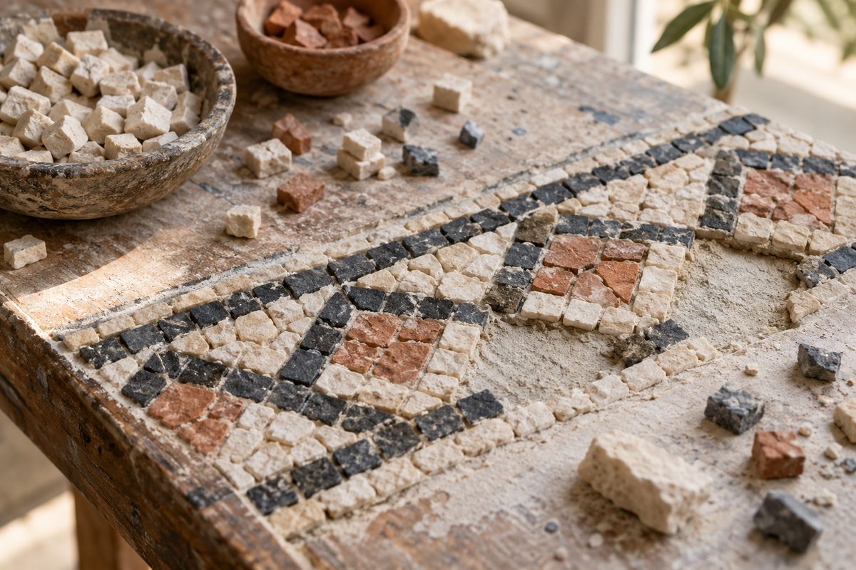 Cream, charcoal and muted terracotta stone pieces form an unfinished original geometric mosaic on a work surface.