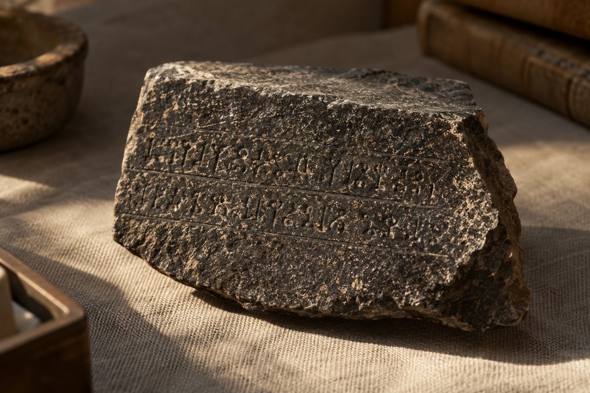 A dark inscribed stone fragment resting on a linen-covered table.