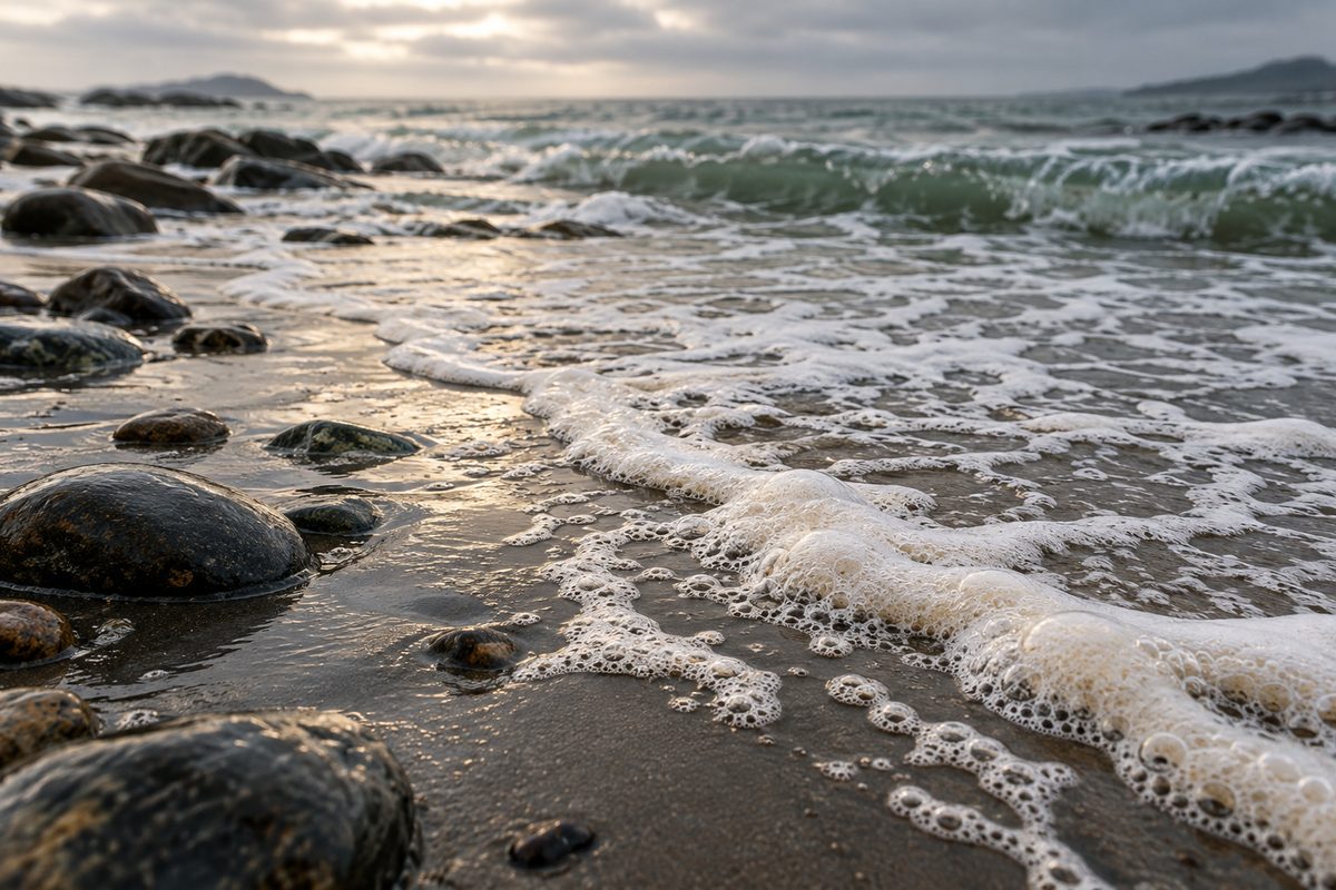 A ribbon of pale sea foam lies on wet sand among smooth rocks beneath a grey-green wave.