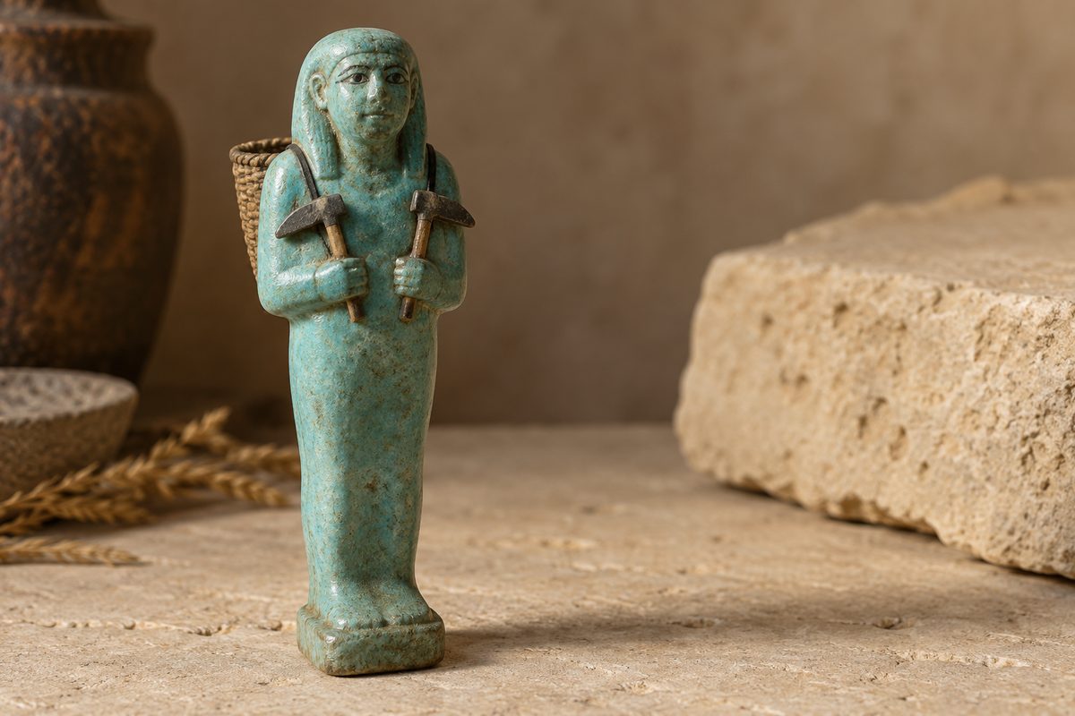 A turquoise worker-figurine reconstruction holding two small hoes, with a basket behind one shoulder.