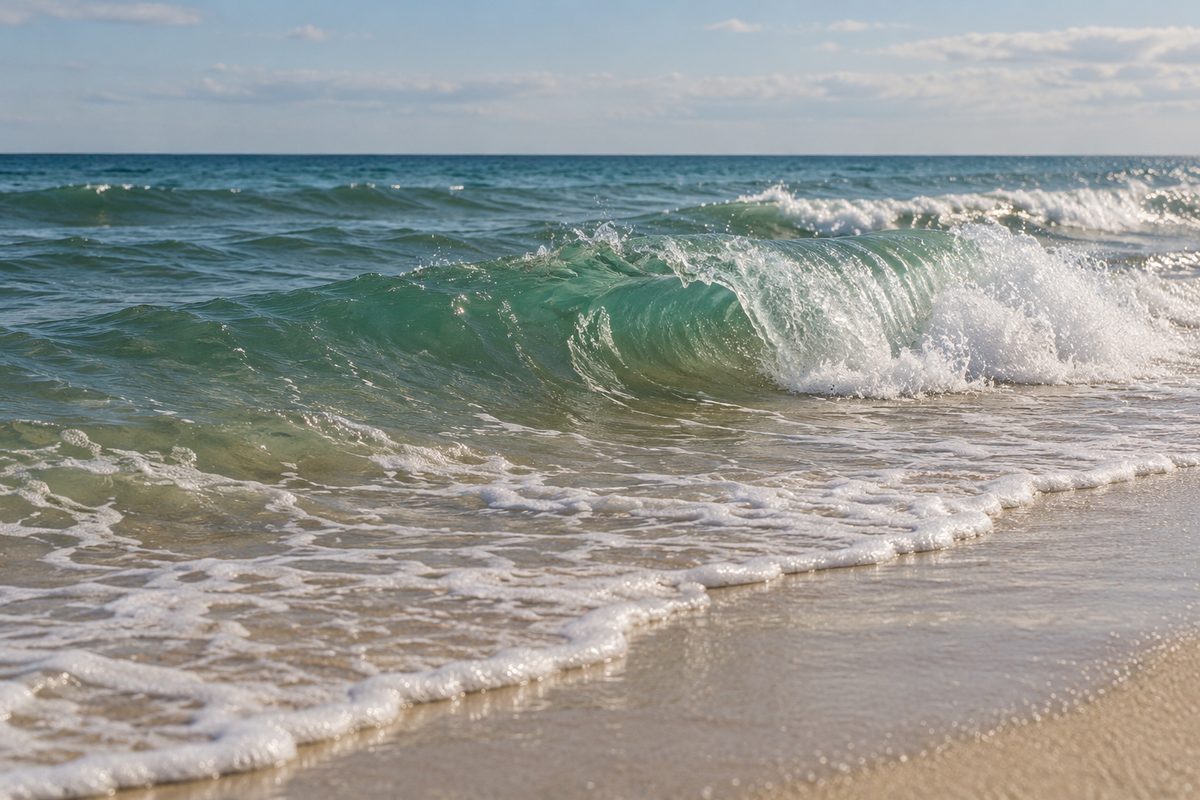 A small green-blue wave curls and breaks into white foam beside an empty sandy beach.
