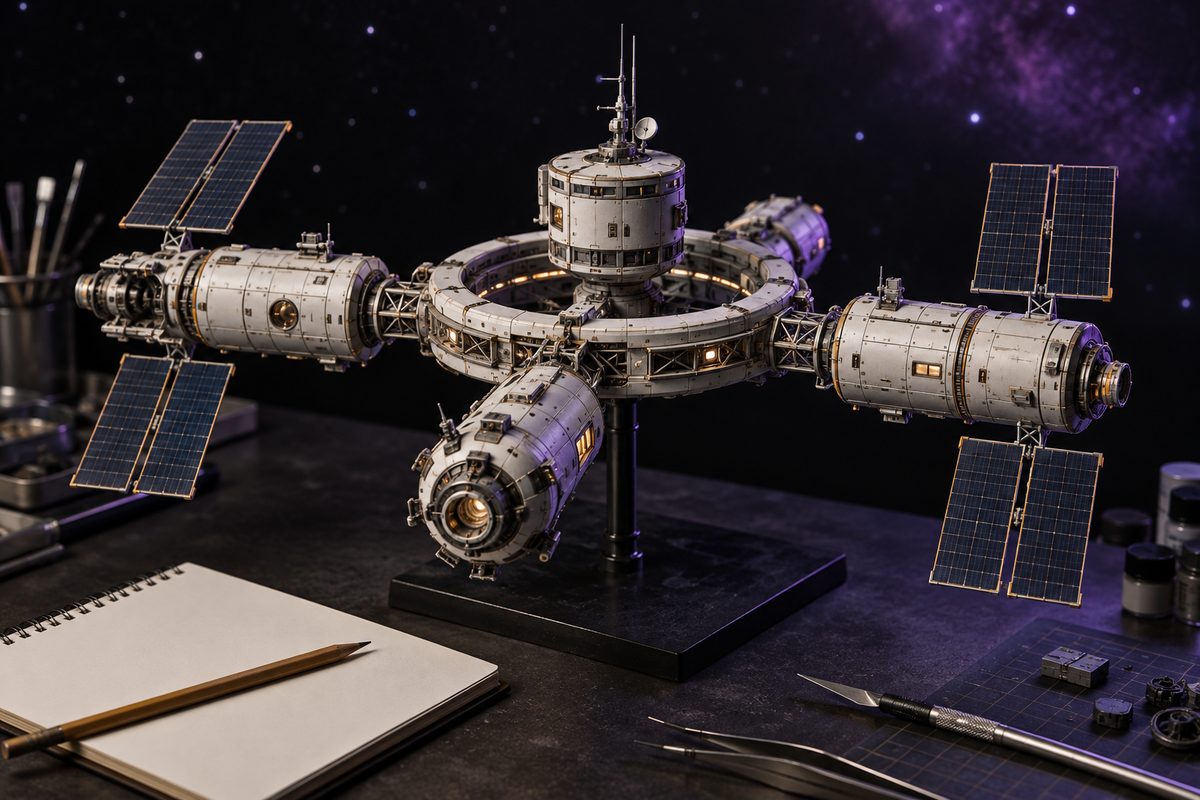 An original miniature orbital station with solar panels stands on a workbench beside a blank notebook.
