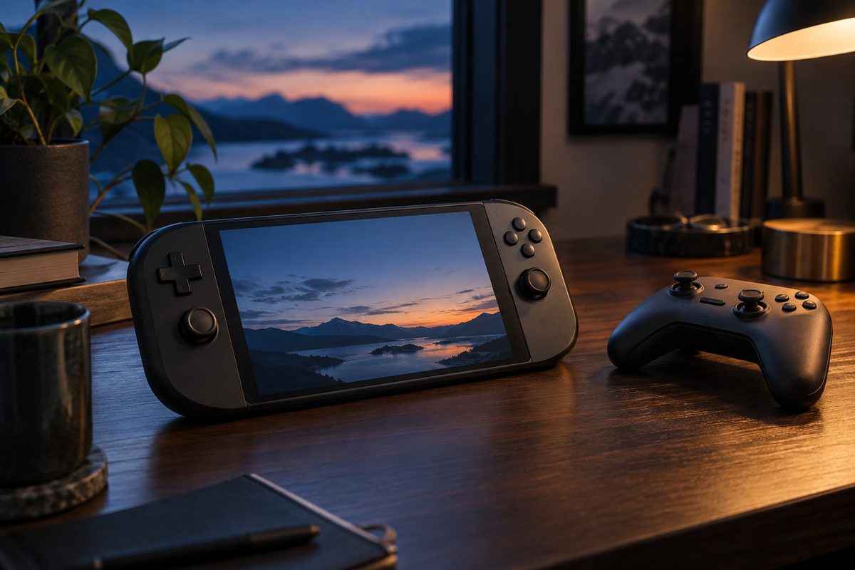 A generic handheld gaming device and controller on a wooden desk.