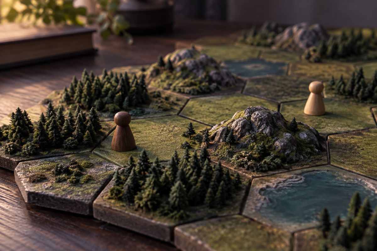 Wooden playing pieces on a tabletop hexagonal terrain board.