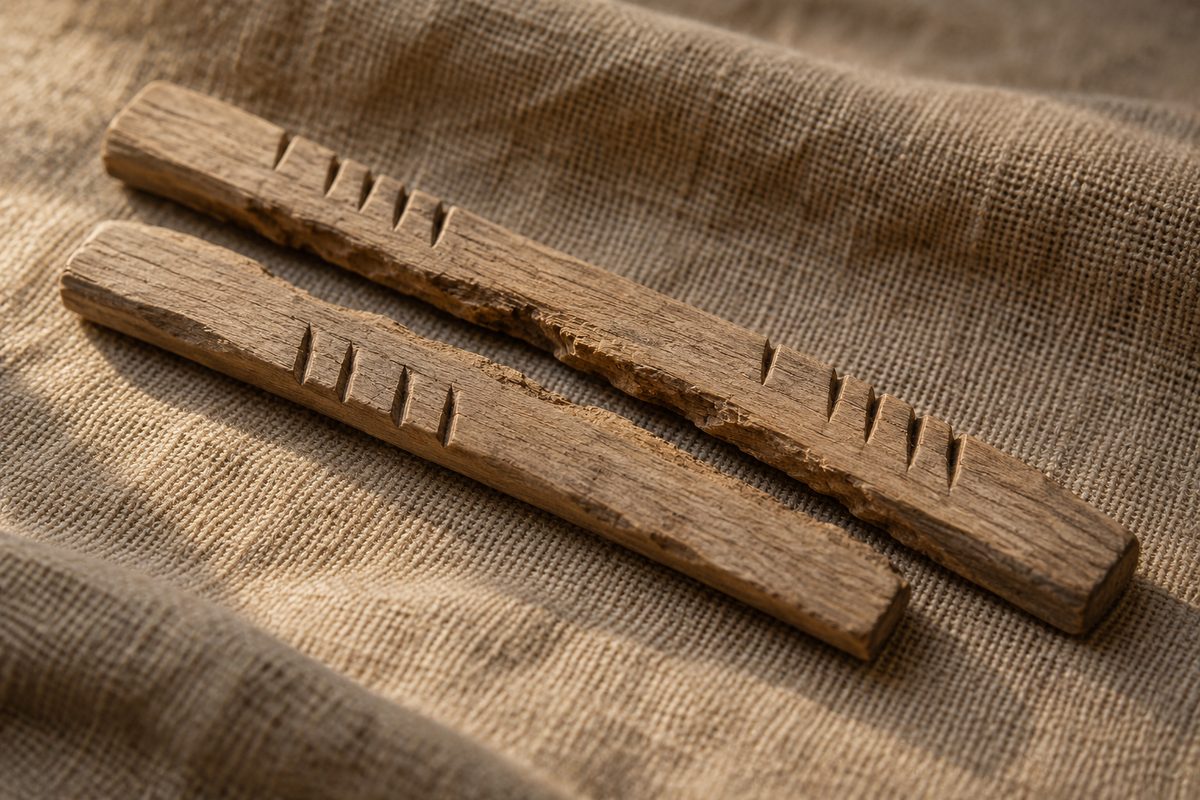 Two narrow notched wooden pieces lie side by side on a linen-covered desk.