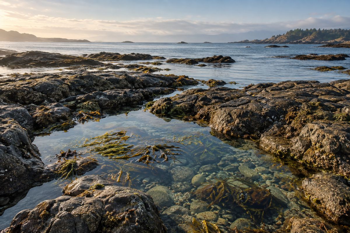 Shallow tidal pools between seaweed-covered rocks.