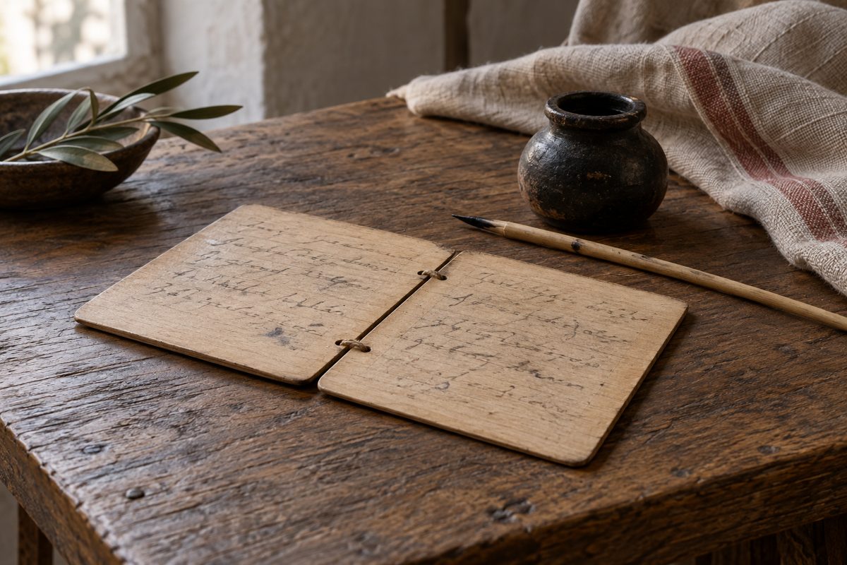 Two wooden writing leaves, an ink pot and a reed pen on a wooden table.