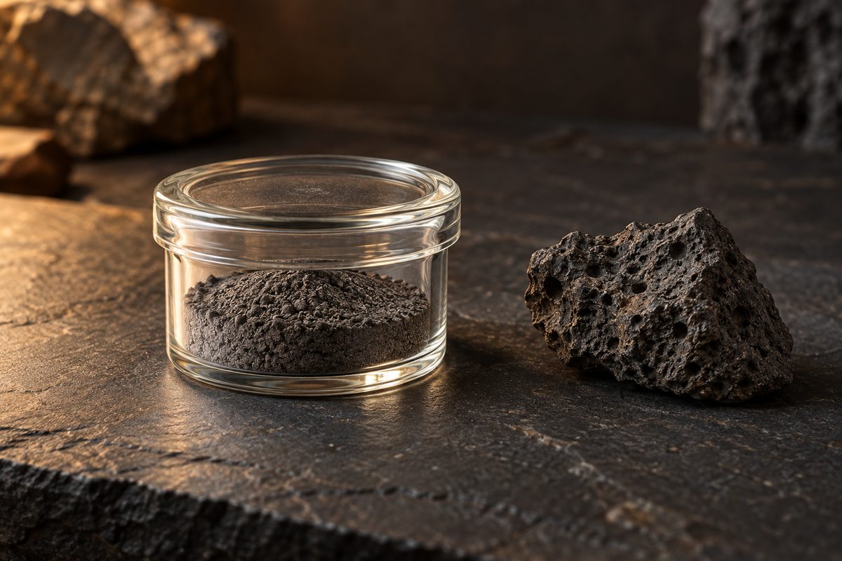 A closed glass dish of fine grey material sits beside a porous volcanic rock on a dark bench.